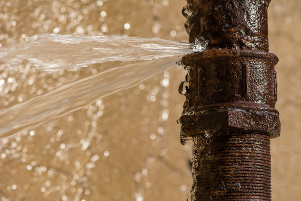 A rusted pipe springs a leak.